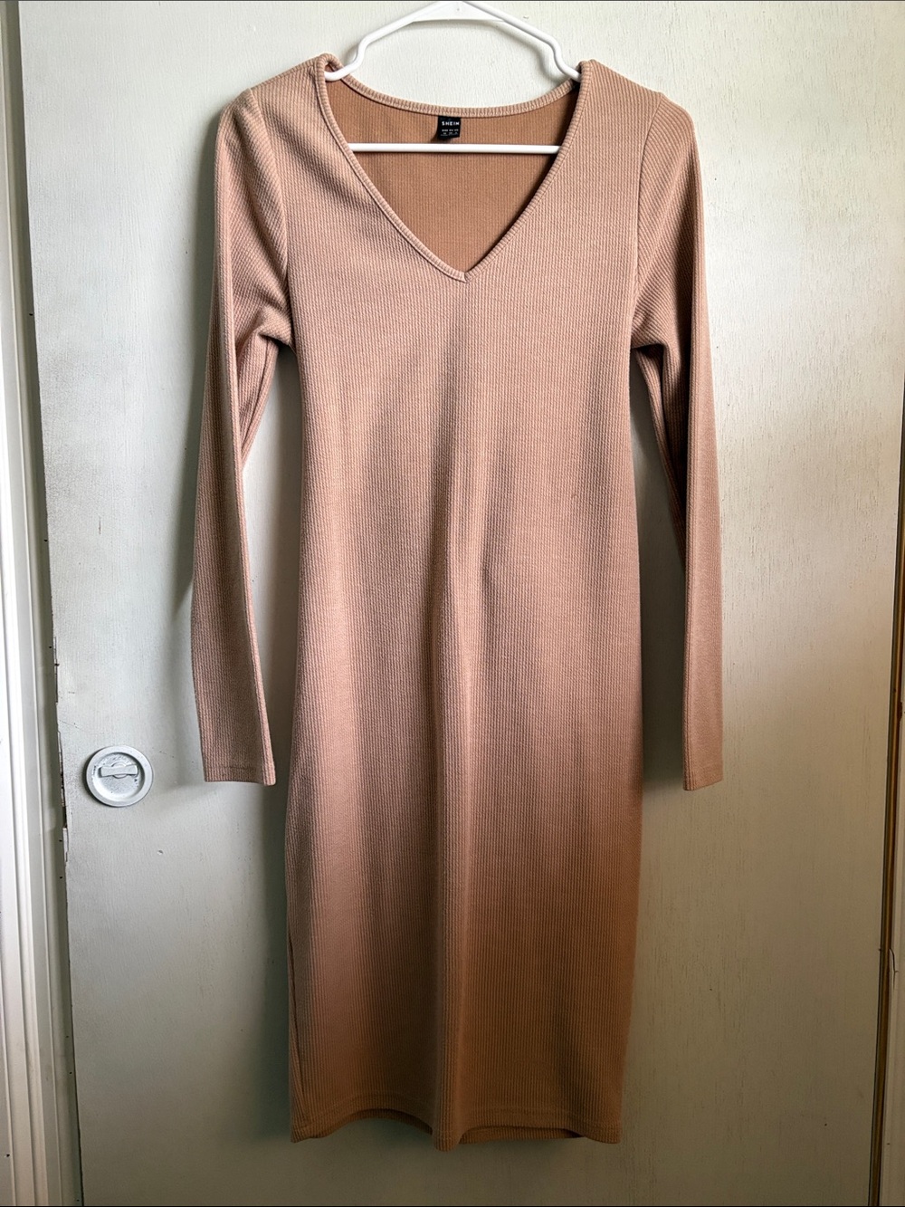 SHEIN Long Sleeve Ribbed V-Neck Midi Dress in Nude Blush